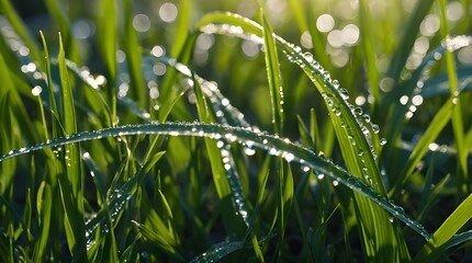 Wall Mural - A close-up shot of dew-covered green grass blades sparkling in the morning sun