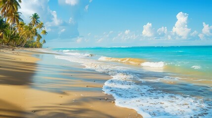 Canvas Print - The golden sand stretches along the coastline, meeting the turquoise waves that gently lap at the shore. Palm trees sway in the breeze, creating a perfect tropical paradise on this serene beach.