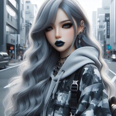 Wall Mural - A view shot featuring a hyper-beautiful woman with a manhwa style, plenty of details, excellent makeup, blue silver hair, black eyelids, and black lips.