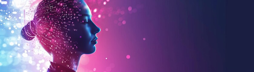 Poster - Futuristic digital technology concept, silhouette of a woman with glowing particles and vibrant colors representing AI and innovation.