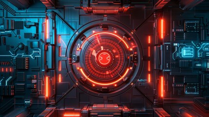 Poster - Futuristic high-tech control panel interface with glowing neon lights and digital display in blue and red colors.