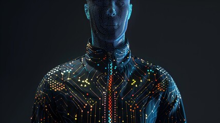 Wall Mural - Futuristic humanoid figure with LED lights and circuit patterns on dark background, representing advanced technology and artificial intelligence.