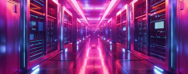 Poster - Modern data center with glowing pink and purple lights, showcasing advanced technology and server racks in a futuristic setup.