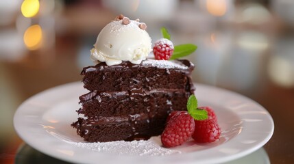 Wall Mural - Whether enjoyed as a dessert or a special treat, chocolate cake with ice cream is a timeless indulgence.