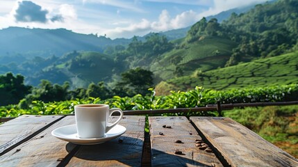 Poster - Coffee in a white cup on a wooden table in a tea field