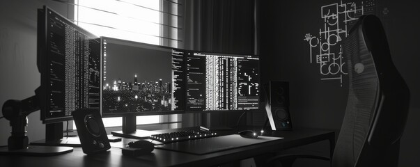 Poster - Monochrome photo of a modern workstation with three monitors, mechanical keyboard, mouse, and a gaming chair in a dark room.