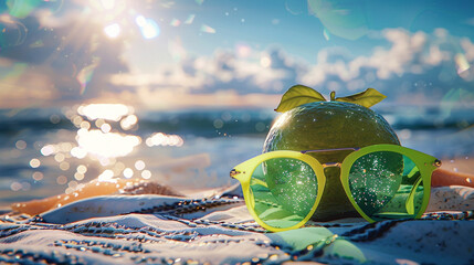 Wall Mural - A lime in neon sunglasses, lounging on a beach blanket with the sparkling sea and sky behind