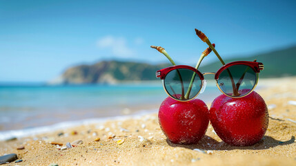 Wall Mural - A pair of cherries in matching sunglasses, sitting together on the warm sand by the crystal-clear tropical waters