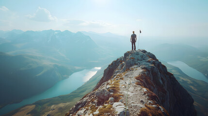 Wall Mural - Reaching your goals concept, mountain climber folowing path to flag on top of mountain