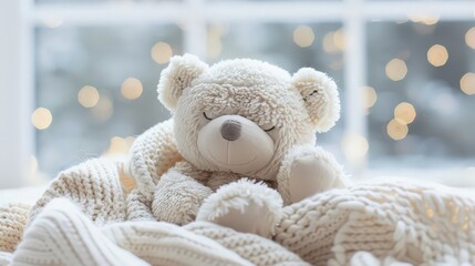 Wall Mural - Wrapped in a baby blanket, a white teddy bear with his eyes closed looks especially cute and cozy. He brings a sense of peace and relaxation, perfect for naptime snuggles.