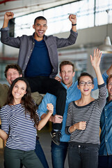 Aufkleber - Happy people, portrait and celebration with team for business success, winning or victory at office. Group of creative employees with smile for good news, achievement or bonus in promotion or startup