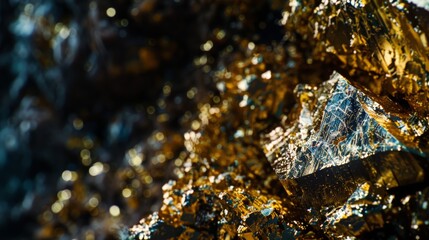 Poster - A close-up of a shimmering gold nugget freshly mined, showcasing its raw and natural beauty against a dark background. The intricate details and texture of the gold are clearly visible.