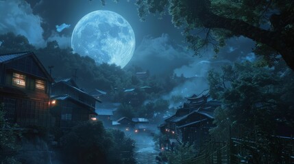 Wall Mural - A full moon casts a gentle glow over a sleeping village, the quiet streets and houses bathed in moonlight. The scene is serene and still.