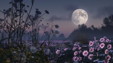 Wall Mural - A full moon hangs low in the sky, casting a soft light over a meadow filled with wildflowers. The scene is peaceful and filled with the scent of night-blooming flowers.