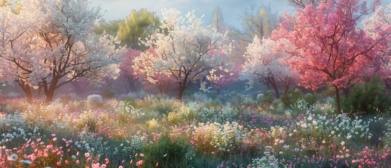 Poster - An expansive photograph of a spring field with cherry