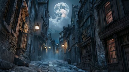 Canvas Print - A full moon lights up a cobblestone street in a historic town. The old buildings and narrow alleys are bathed in a soft, nostalgic glow.