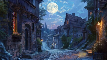 Wall Mural - A full moon lights up a cobblestone street in a historic town. The old buildings and narrow alleys are bathed in a soft, nostalgic glow.