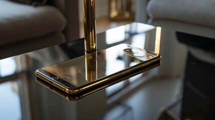 Poster - A gold-plated smartphone on a sleek black table, representing modern luxury and technology. The phone's design and finish emphasize its premium quality.