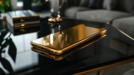 Sticker - A gold-plated smartphone on a sleek black table, representing modern luxury and technology. The phone's design and finish emphasize its premium quality.