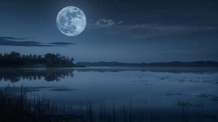 Canvas Print - A serene night sky illuminated by a full moon, casting a gentle glow over a tranquil lake. The moon's reflection dances on the water's surface, creating a mesmerizing scene.