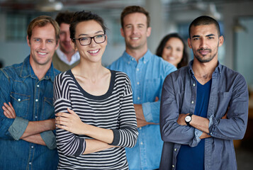 Wall Mural - Employee, portrait and smile with business people together in creative office at work. Collaboration, happy and friends for men, woman or copywriter group and working as startup design team support