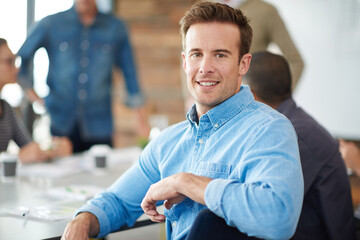 Poster - Portrait, meeting and man with smile, confidence and creative plan with opportunity in office. About us, workshop and businessman with professional pride, networking and consultant in conference room