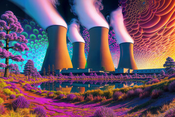 Wall Mural - An imaginative and surreal digital artwork featuring a nuclear power plant with towering cooling towers casting vivid, swirling patterns and organic shapes against a vibrant, psychedelic landscape.