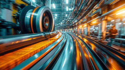 Wall Mural - Dynamic image capturing motion blur of steel coils in a manufacturing plant with vibrant colors