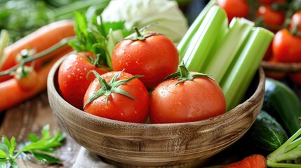 Place a mix of fresh tomatoes celery cabbage and carrots in a bowl