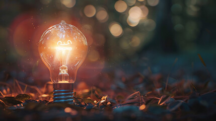 Glowing light bulb placed on the ground amidst leaves, creating a warm and enchanting atmosphere with a bokeh background of lights.