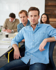 Poster - Meeting, serious and portrait of businessman in office planning creative project with teamwork. Confident, discussion and copywriter with group of colleagues working in collaboration in workplace.