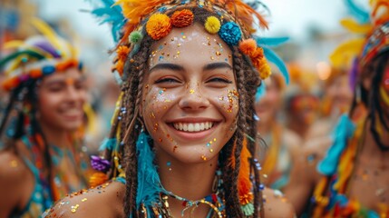 Wall Mural - Radiant young woman with colorful carnival makeup and flowers in hair, embodying festival joy