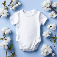 Children's white outfit on a blue background with flowers. Created AI