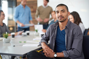 Poster - Businessman, portrait and boardroom meeting with colleagues or brainstorming, startup or collaboration. Male person, face and creative entrepreneur or founder of tech company, confident or contact us