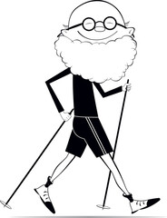 Wall Mural - Happy old man doing Nordic walk. 
Cheerful senior man doing Nordic walk outdoors. Black and white illustration
