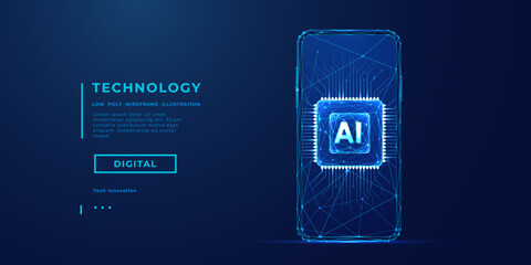 Poster - Abstract digital light blue AI chip on the empty smartphone screen. Technology innovation background. AI tech concept. Processor with circuit lines and letters A and I. Low poly vector illustration.
