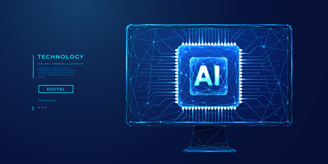 Wall Mural - Abstract digital AI chip on the empty computer monitor. AI innovation concept. Technology blue background. Light blue processor and circuit lines on tech bg. Low poly wireframe vector Illustration.