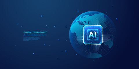 Poster - Abstract digital blue globe and AI chip in the center. Technology innovation background. AI processor with circuit roads in light blue with bright neon effect. Futuristic polygonal vector illustration