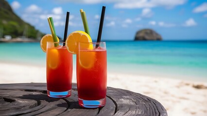 A stunning selective focus image of colorful, exotic cocktails artfully arranged on a white sandy beach