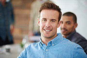 Poster - Work, meeting and portrait of man in office for creative collaboration, copywriting and teamwork. Smile, face and businessman with pride in conference for partnership, proposal and review of project