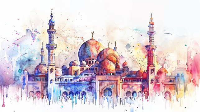 a watercolor of cute goat with mosque background template. Eid Al-Adha celebration