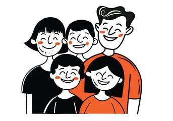 Illustration of a Family photo, parents and children, father mother, brother, and sisters smiling illustration isolated on a white background. 