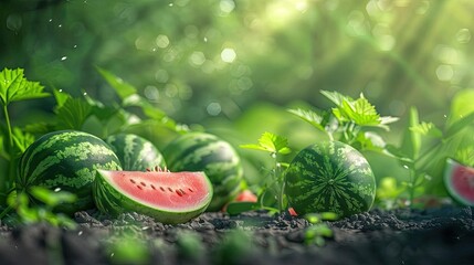 Fresh watermelons growing in a lush garden with sunlight streaming down, creating a serene and vibrant summer atmosphere.