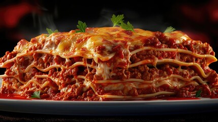 Wall Mural - Delicious homemade lasagna with layers of pasta, savory meat sauce, melted cheese, and fresh herbs, steaming hot and ready to serve.