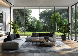 Beautiful modern living room interior with white walls, black furniture and a large window showing a garden view