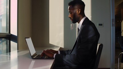 Canvas Print - Young African American businessman working on his laptop in a modern office with natural light streaming in through large windows.