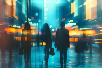 Blurred night-time photo of two silhouetted figures walking in a city, with colorful reflections on glass buildings