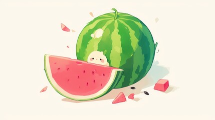 Canvas Print - A charming cartoon sketch of a watermelon with a bite taken out of it stands out against a white backdrop