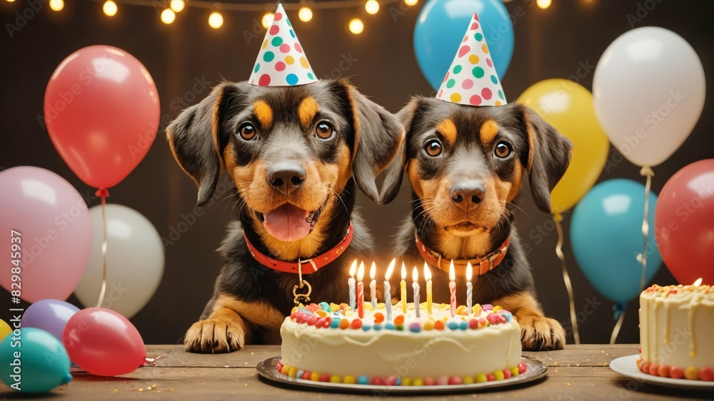 Two adorable dogs wearing party hats celebrating a birthday with ...