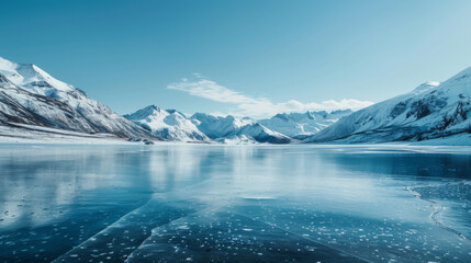 Snow-capped mountains and a frozen river landscape background